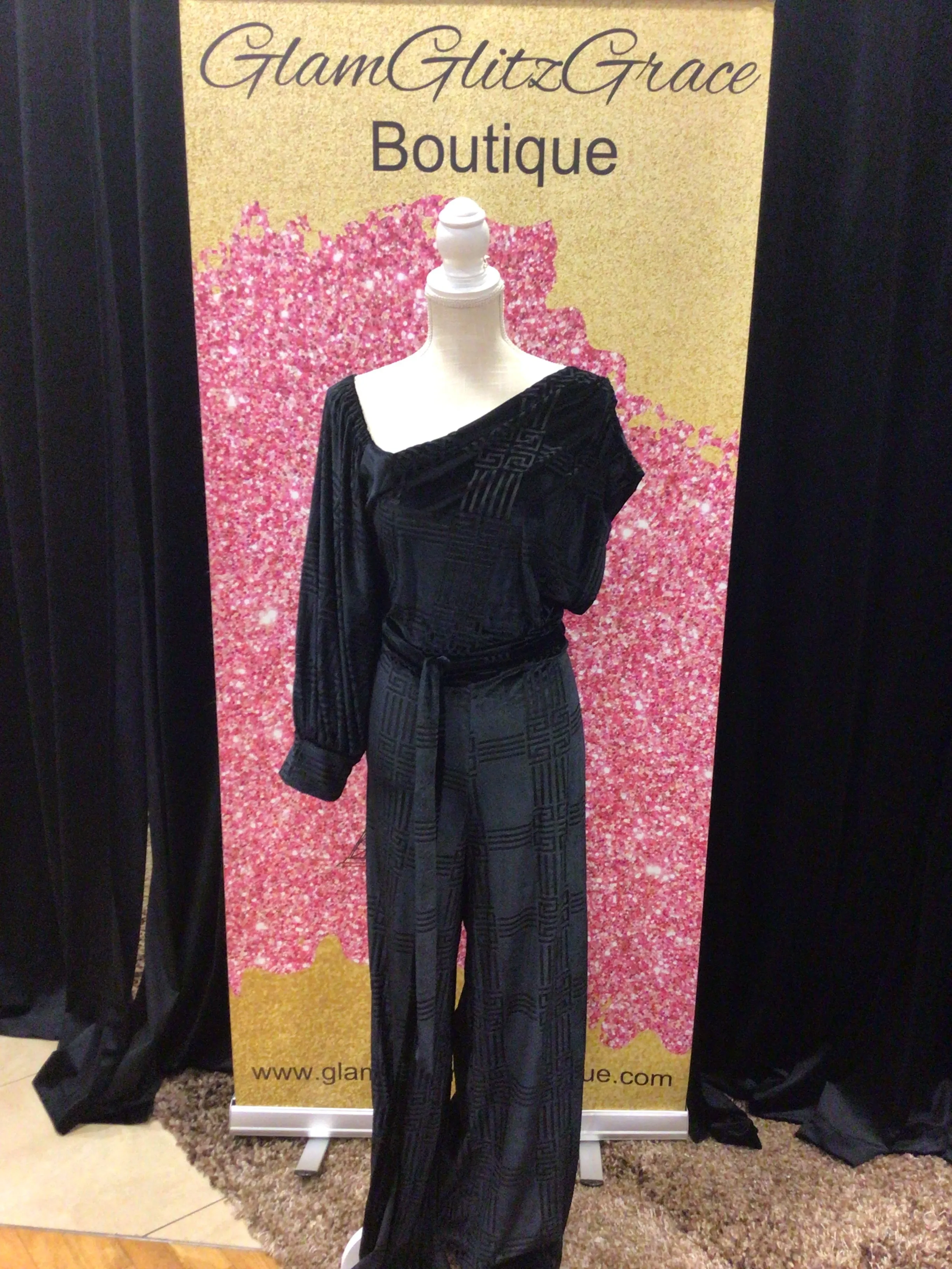 Black Semi Stretch Velvet Jumpsuit