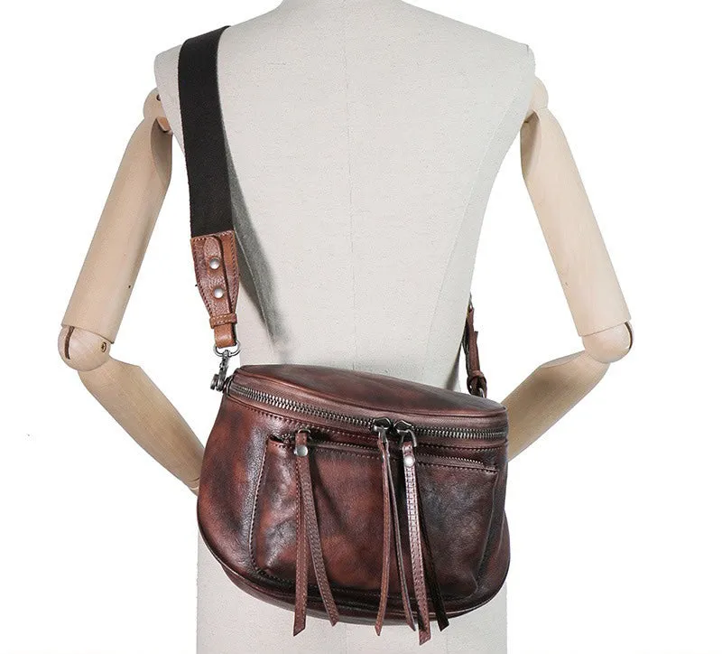 Coffee Leather Womens Saddle Shoulder Bag Fanny Pack Handmade Crossbody Purse for Ladies